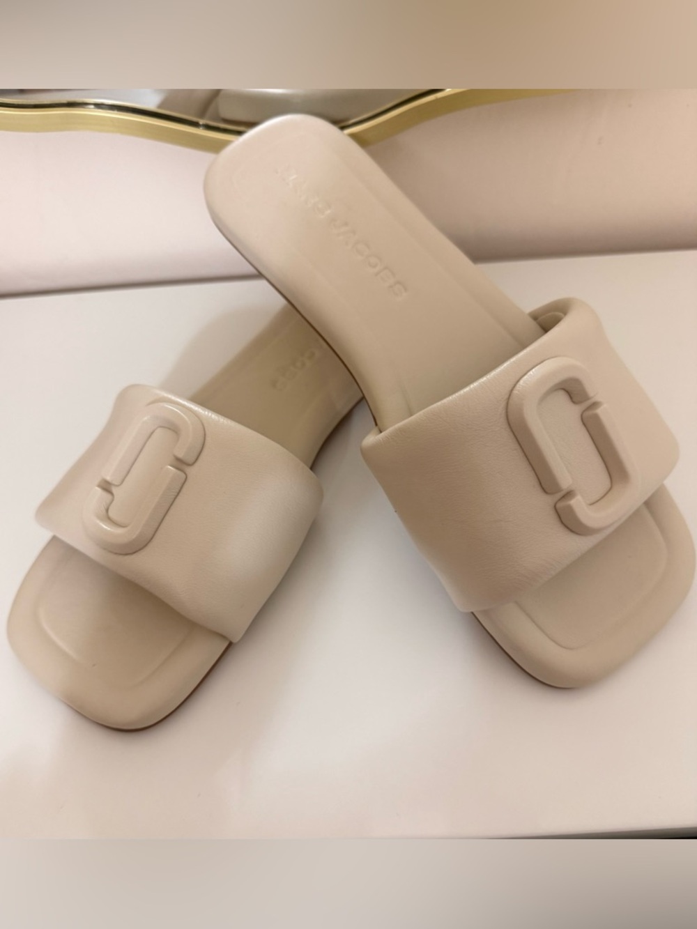 Marc Jacobs Beige Cream Slide Sandals with Signature Logo